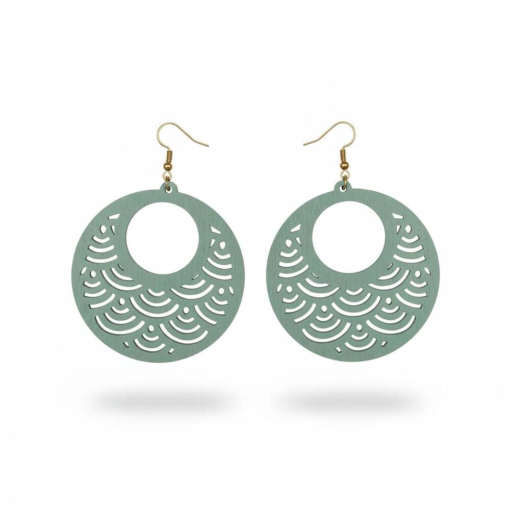 Plunder Design Teal Green Laser Cut Layered Wood Circle Dangle Earrings